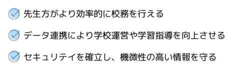 セキュリティ対策
安全な運営と情報漏洩対策
インストール不要のWeb版
センターサーバー方式、クラウド方式いずれも対応可能
校務パソコンにインストール不要
Webアプリはアップデートやメンテナンスが容易
センターサーバーやクラウドでデータベース管理
教職員のパソコンにはデータを残しません
教職員ごとに操作できる範囲（権限）を設定可能
設定により担当学級を表示するなど、情報の表示を制限
全ての操作を記録します（ログ）
誰が、いつ、何をしたのか　システムの操作履歴を記録します
